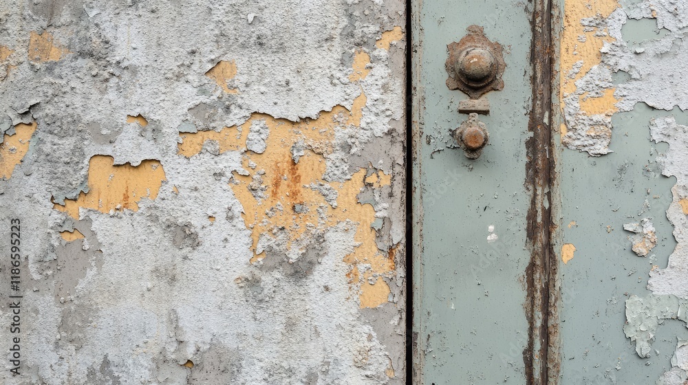Renovation of exterior wall with peeling paint and corroded bronze metal door highlighting details of home improvement project Renovation of exterior wall with peeling paint and corroded bronze metal door highlighting details of home improvement project
