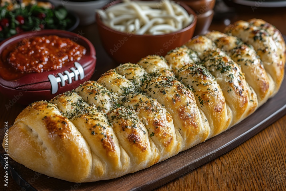 Savory garlic bread braided with herbs beside marinara sauce and pasta on a wooden table Savory garlic bread braided with herbs beside marinara sauce and pasta on a wooden table