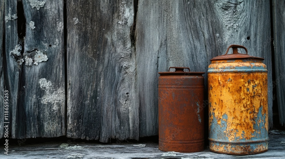 Rustic Milk Cans Displaying Patina Against a Textured Weathered Wood Background