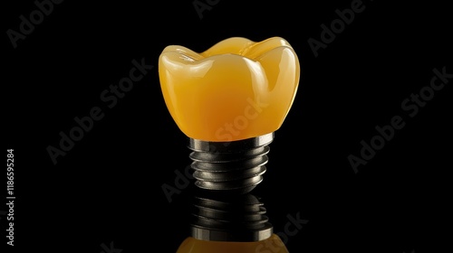 Bright Yellow Dental Crown Model with Metal Implant Screw on Black Background photo