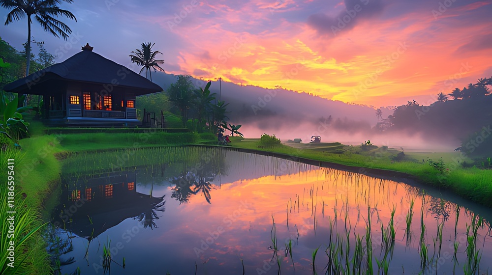 Sunrise over tranquil rice paddy reflecting vibrant sky and bungalow. Sunrise over tranquil rice paddy reflecting vibrant sky and bungalow.