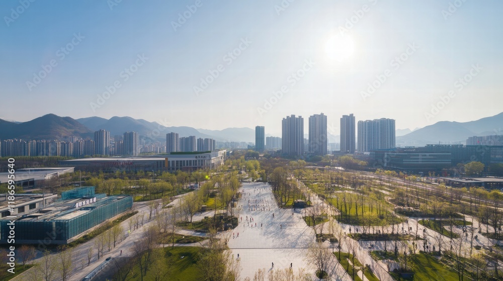 Fototapeta premium Urban Oasis: A panoramic view of a modern city skyline nestled amidst expansive green spaces and mountains, bathed in the warm glow of a sunny day.
