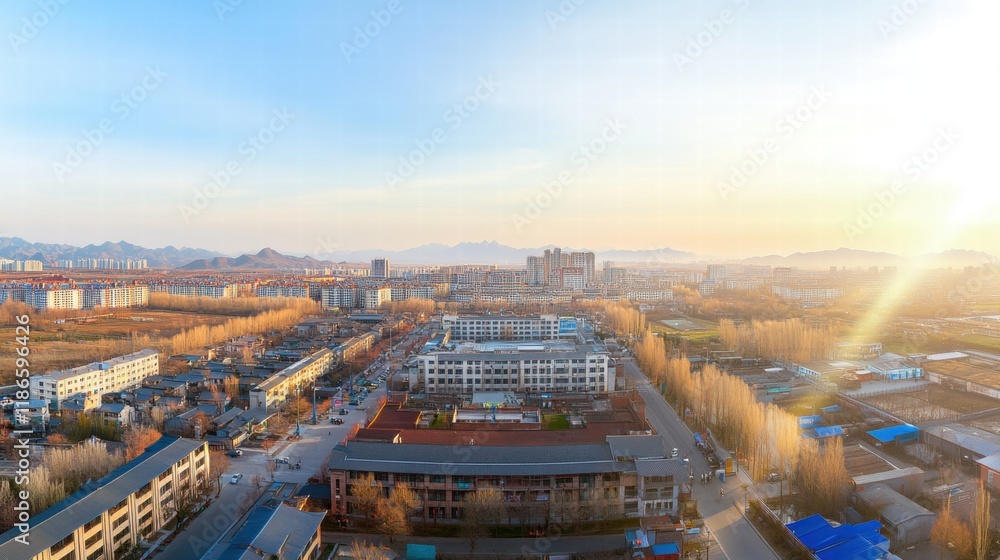 Fototapeta premium Golden Hour Cityscape: Aerial view of a sprawling city at sunrise, bathed in warm, golden light. Buildings, roads, and trees stretch to the horizon, creating a stunning panorama.