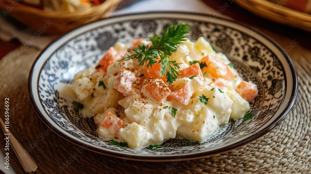 Homemade Russian salad served on a decorative plate with fresh herbs and vegetables on a rustic table setting Homemade Russian salad served on a decorative plate with fresh herbs and vegetables on a rustic table setting