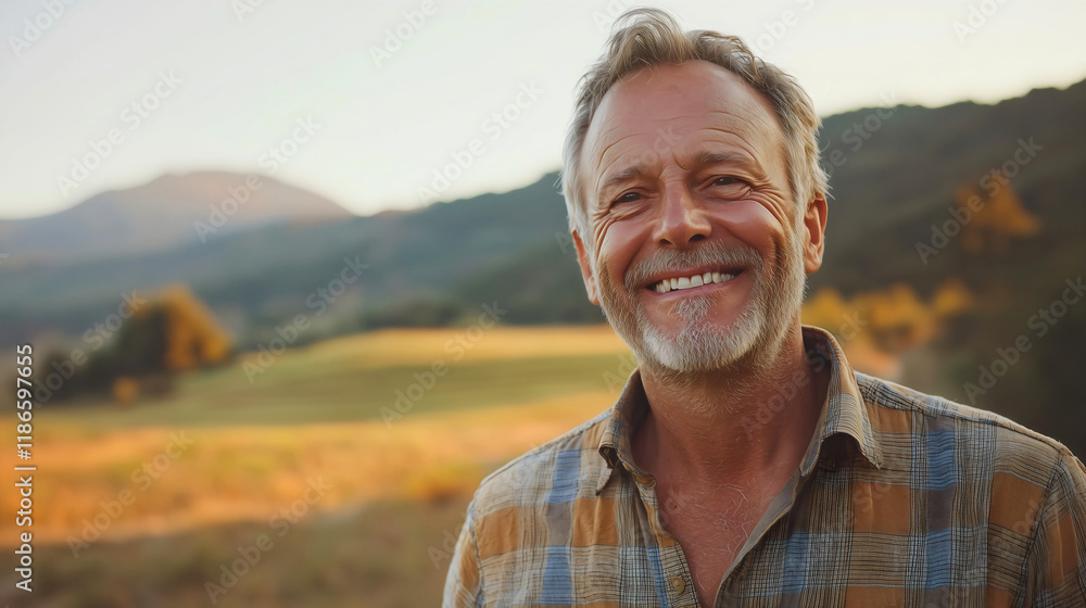 A man in his late 50s smiling warmly, his laugh lines prominent, standing against a backdrop of rolling hills. A man in his late 50s smiling warmly, his laugh lines prominent, standing against a backdrop of rolling hills.