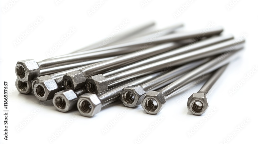 Silver Hex Keys with Nuts on a Clean White Background for Mechanical and DIY Projects Silver Hex Keys with Nuts on a Clean White Background for Mechanical and DIY Projects