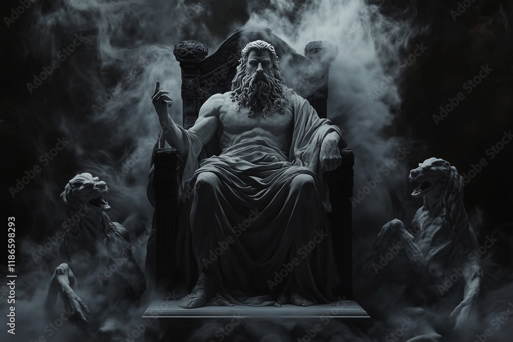 Marble statue: the powerful, harsh and merciless god of the underworld of the dead Hades on the throne. Ancient Roman and Greek mythology. Marble statue: the powerful, harsh and merciless god of the underworld of the dead Hades on the throne. Ancient Roman and Greek mythology.