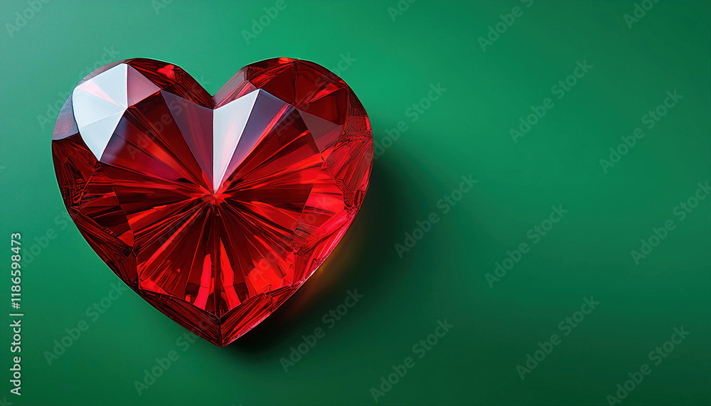 A brilliant red crystal heart with faceted surfaces sparkles against a deep green background. copy space A brilliant red crystal heart with faceted surfaces sparkles against a deep green background. copy space