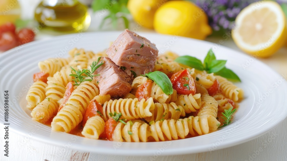 Seafood pasta with tomato sauce and tuna garnished with olive oil, lemons, and fresh herbs on an elegant plate Seafood pasta with tomato sauce and tuna garnished with olive oil, lemons, and fresh herbs on an elegant plate