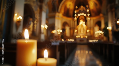 Warmly lit church interior with candles creating a romantic atmosphere for a simple wedding ceremony close-up detail shot