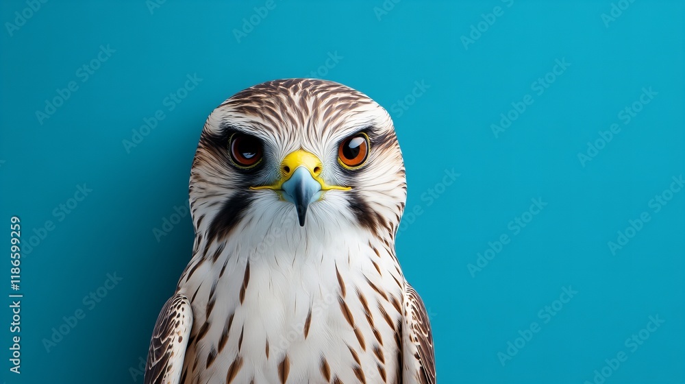 Obraz premium Close-up portrait of a majestic hawk against a vibrant teal background. Its intense gaze and intricate plumage are captivating.