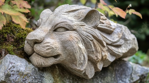 Sculpted lion stone sculpture in garden showcasing intricate design and artistic detail surrounded by nature's beauty photo