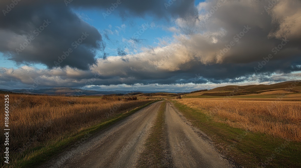 Rural pathway through golden fields under a dynamic sky showcasing vibrant colors and warm sunlight in a serene landscape setting Rural pathway through golden fields under a dynamic sky showcasing vibrant colors and warm sunlight in a serene landscape setting