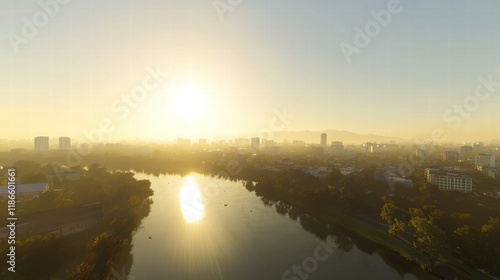 Wallpaper Mural Golden Hour Cityscape: A serene aerial view captures a cityscape bathed in the warm glow of a golden sunrise, casting a magical haze over the tranquil lake and surrounding greenery. Torontodigital.ca