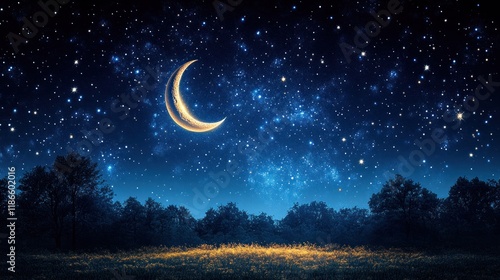 Crescent moon over glowing field, starry night sky, forest background, peaceful scene.