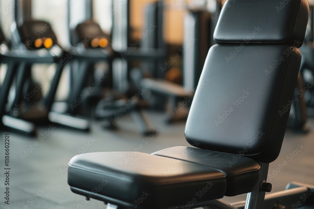 Black Exercise Bench in Modern Fitness Gym with Workout Equipment Black Exercise Bench in Modern Fitness Gym with Workout Equipment