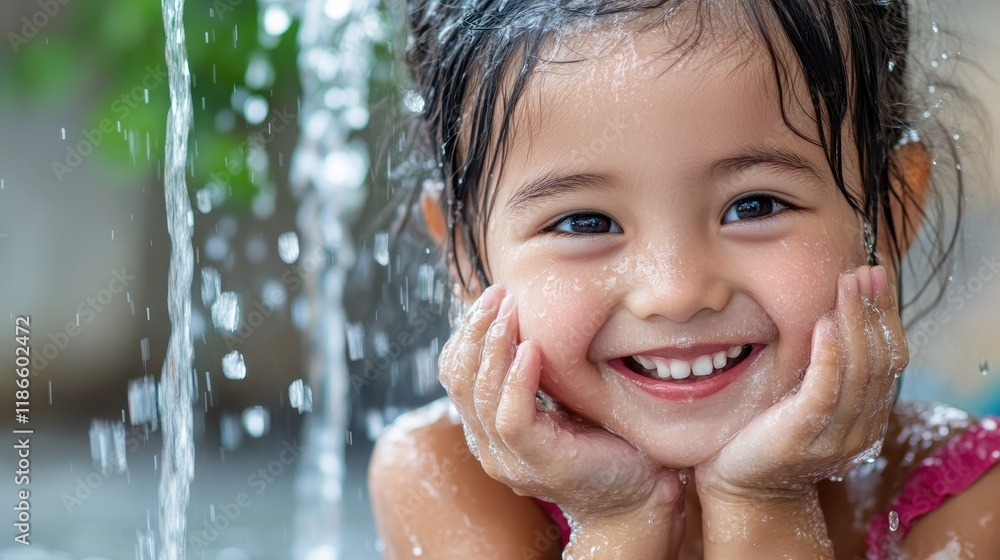 Obraz premium Happy Child Playing in Water with Bright Smile and Joyful Expression