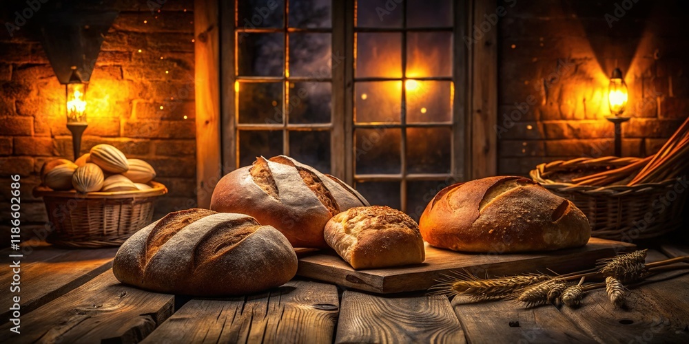 Obraz premium Rustic Night Photography: Warmly Lit Whole Grain Bread Loaves