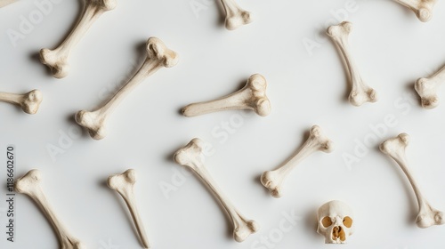 Fototapeta Naklejka Na Ścianę i Meble -  assorted animal bones and skull arranged on a white background for medical or artistic concepts