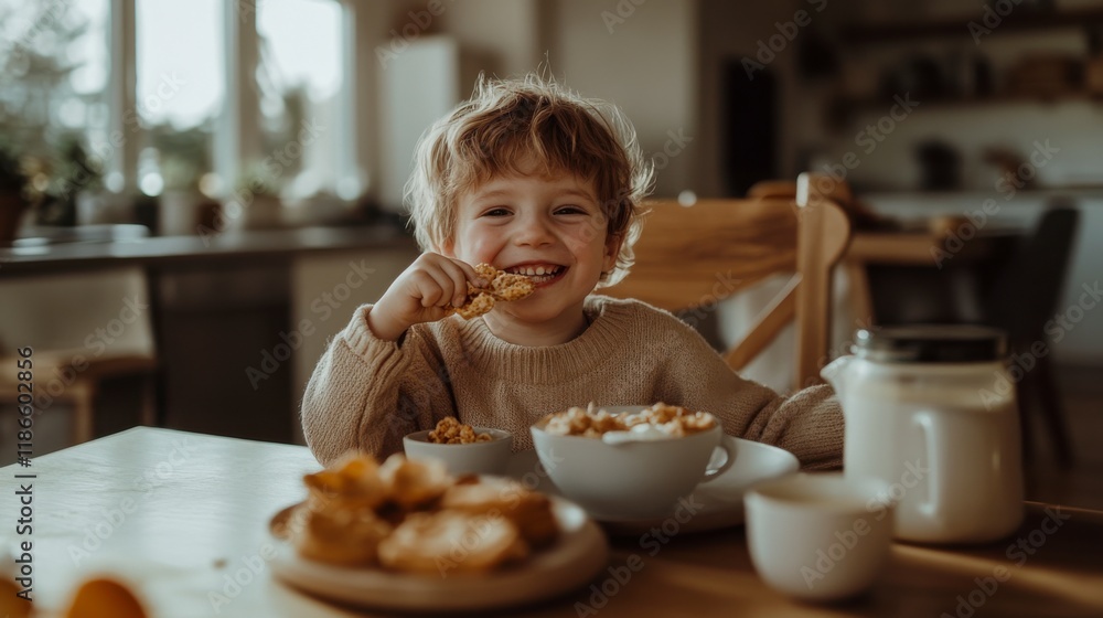 Happy Little Eater: A young child with a beaming smile devours a delicious breakfast, showcasing the simple joy of mealtime. Happy Little Eater: A young child with a beaming smile devours a delicious breakfast, showcasing the simple joy of mealtime.