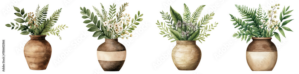 Assorted Greenery Arrangements in Rustic Ceramic Vases Assorted Greenery Arrangements in Rustic Ceramic Vases