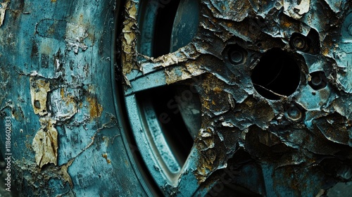 Rusty and Worn Alloy Wheels Showing Extensive Damage and Deep Scratches on Steel Surface photo