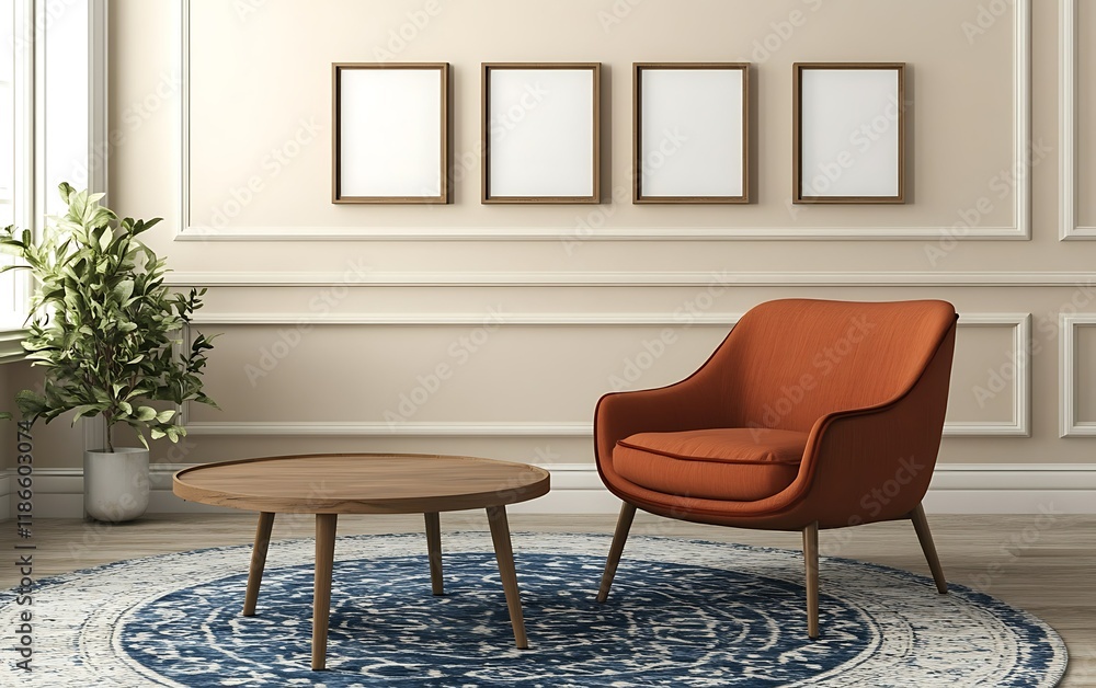 Fototapeta premium Cozy living room with armchair, coffee table, and artwork. Ideal for interior design websites