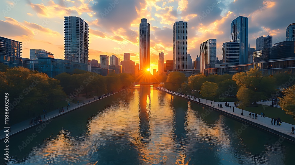 Obraz premium Stunning sunset over city skyline reflected in calm water with people walking along the waterfront.