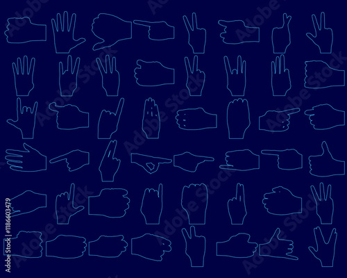 Blue background with many hand drawings of fingers and thumbs. The hand drawings are in various sizes and positions, creating a sense of depth and movement. Scene is playful and whimsical