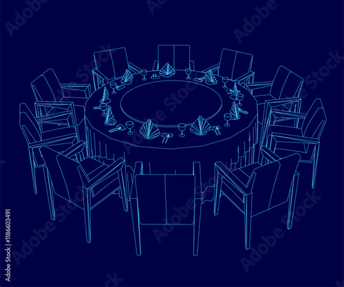 Blue drawing of a table with a lot of chairs around it. The chairs are arranged in a circle and there are many utensils and napkins on the table