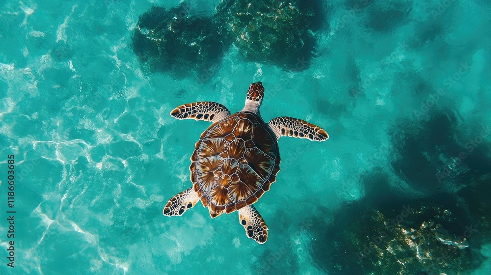 Obraz premium Sea turtle gliding gracefully through crystal clear ocean water surrounded by colorful coral reefs and schools of vibrant tropical fish