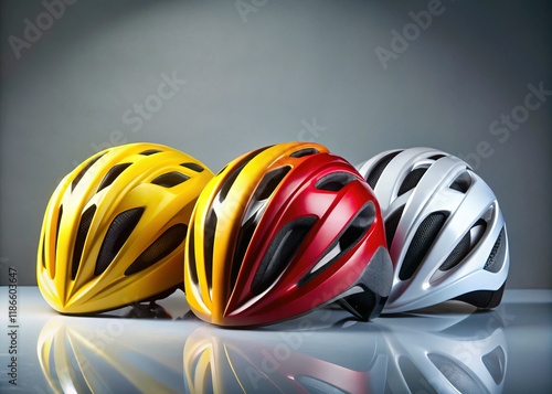 Safety First: White, Black & Yellow Cycling Helmets on Grey Background photo