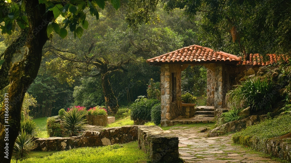 Serene Pathway Through Anaga Rural Park Surrounded by Lush Greenery and Stone Architecture Serene Pathway Through Anaga Rural Park Surrounded by Lush Greenery and Stone Architecture