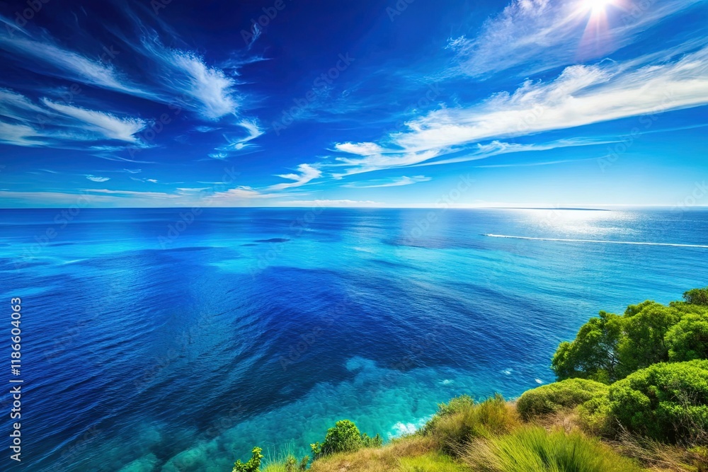 Serene Blue Landscape with Copy Space: Calm Ocean, Sky, and Horizon Serene Blue Landscape with Copy Space: Calm Ocean, Sky, and Horizon