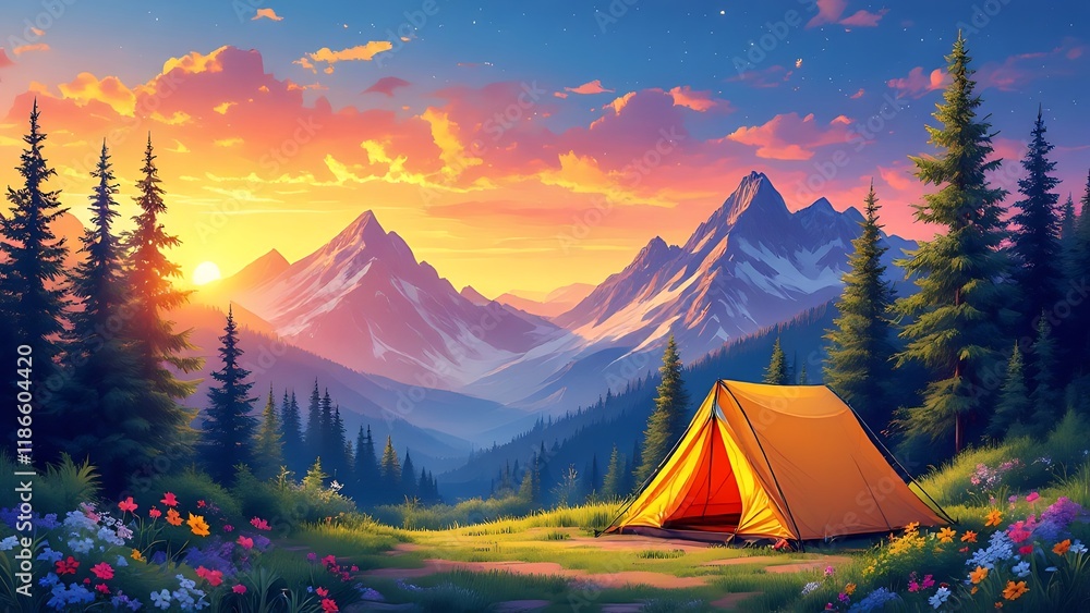 Camping under a serene sunset in a vibrant forest filled with wildflowers and towering trees Camping under a serene sunset in a vibrant forest filled with wildflowers and towering trees