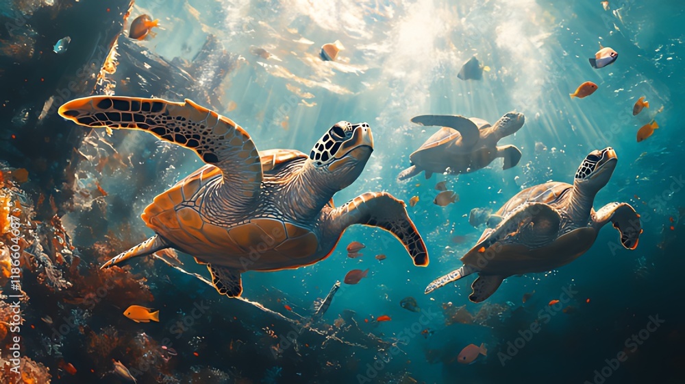 Three sea turtles swim amidst vibrant coral reef and shipwreck, sunlight streams from above. Three sea turtles swim amidst vibrant coral reef and shipwreck, sunlight streams from above.