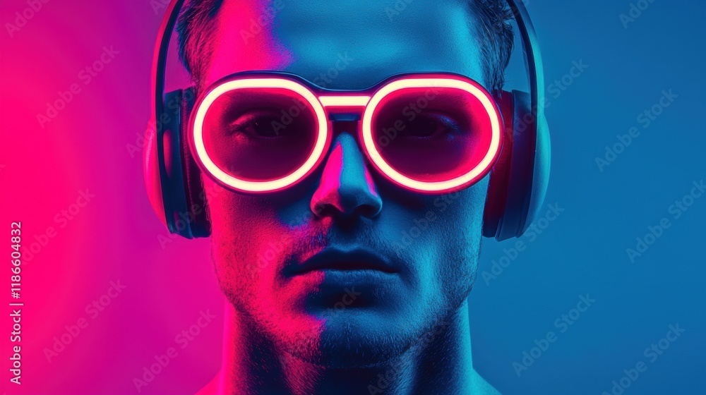 Man with Neon Glasses and Headphones in Blue and Pink Lighting Man with Neon Glasses and Headphones in Blue and Pink Lighting