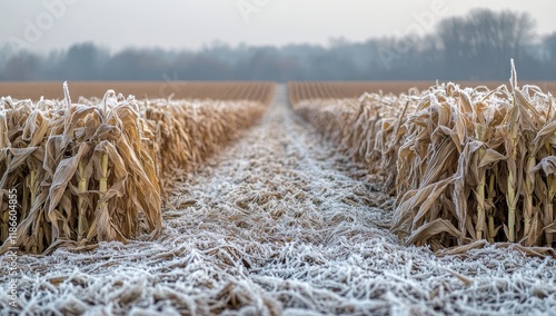 Frosty cornfield path at sunrise.