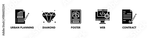 Marketing mix banner web icon vector illustration concept with icon of urban planning, diamond, poster, web, and contract