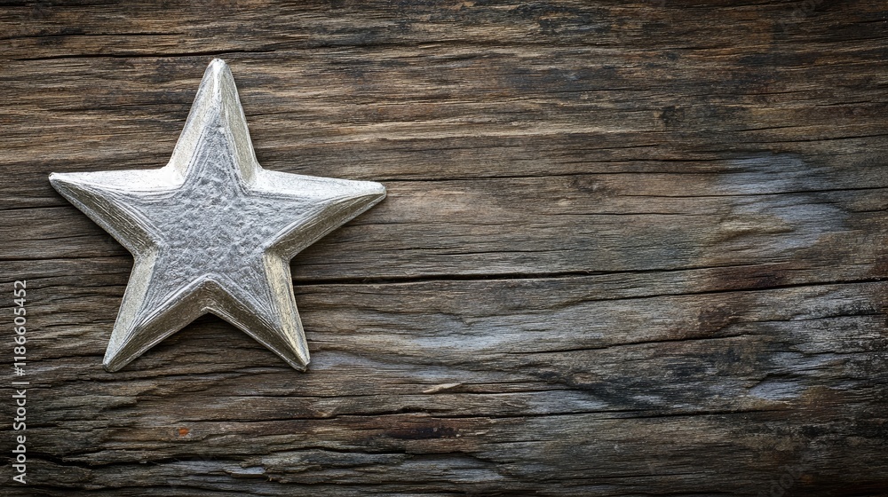 Silver star ornament on rustic wooden background with ample copy space for text or design elements Silver star ornament on rustic wooden background with ample copy space for text or design elements