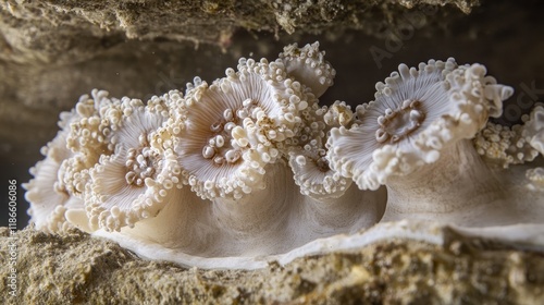 Underwater coral formations showcasing barnacles and intricate sea life details in a vibrant marine environment.