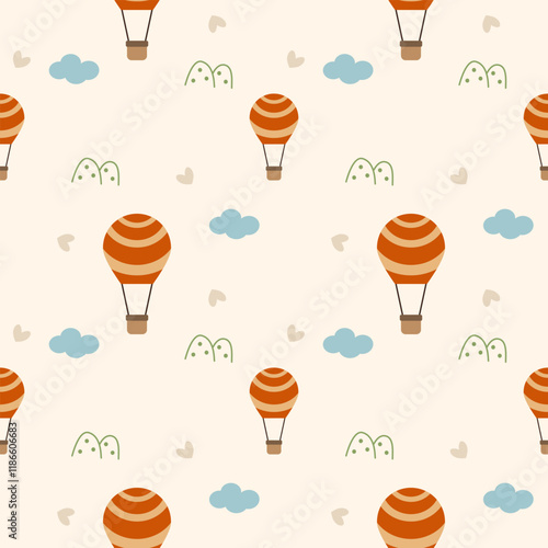 Hot air balloon orange cartoon so cute. On cloud mountain heart background. Pattern seamless vector illustration. 