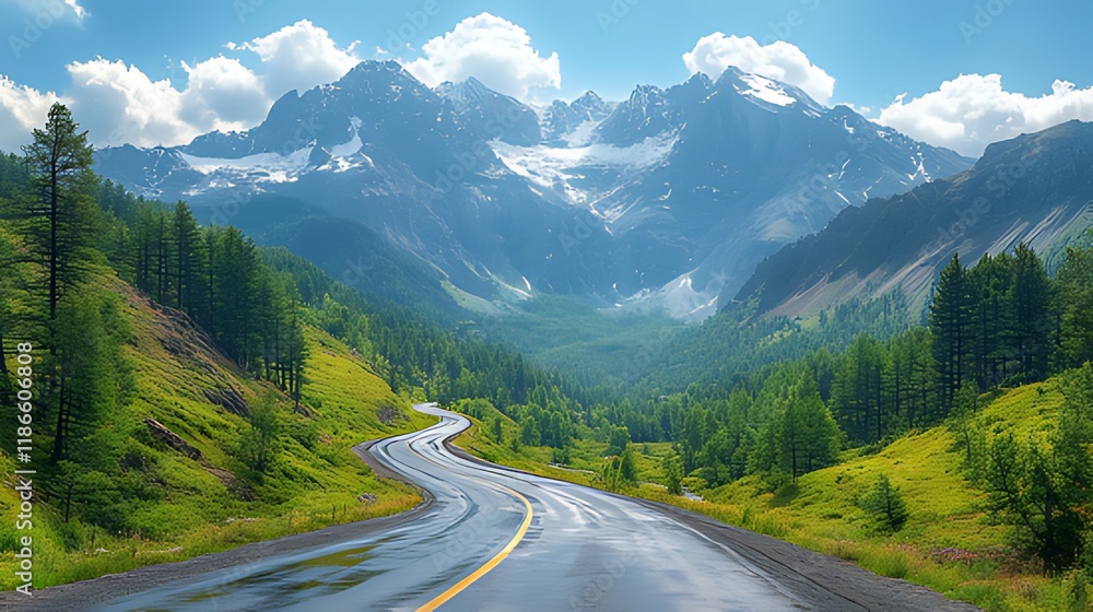 Winding asphalt road through lush green valley towards majestic snow-capped mountains under a bright blue sky. Winding asphalt road through lush green valley towards majestic snow-capped mountains under a bright blue sky.