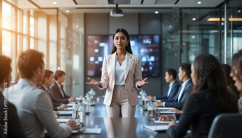 Confident Young Sri Lankan Businesswoman Presenting in Modern Boardroom Generative AI