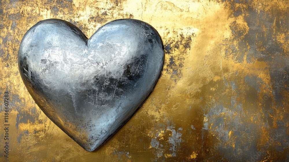 Obraz premium Metallic silver heart on a textured gold background symbolizing love and luxury in a striking artistic representation.