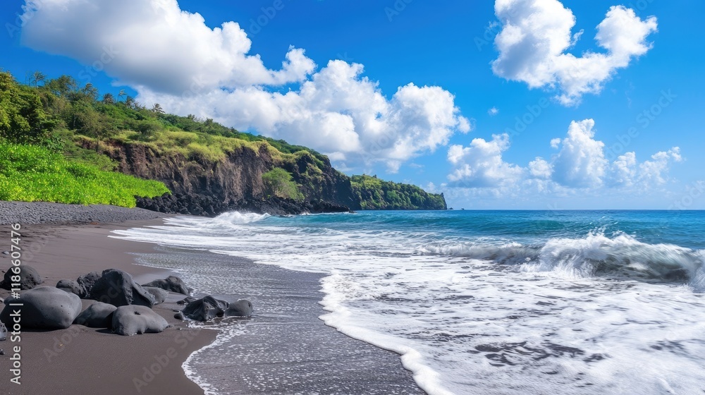 Obraz premium Stunning Sea Waves Rolling onto Black Sand Beach under a Bright Blue Sky with Fluffy Clouds in a Serene Coastal Landscape