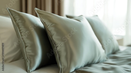 Elegant silk pillows arranged neatly on a soft bedset showcasing luxury and comfort in a stylish interior setting. photo