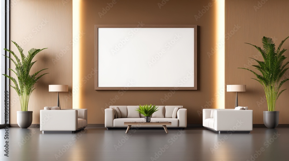 Obraz premium A beautifully designed living room with a mockup frame hanging on the wall, framed by contemporary elements and plush seating