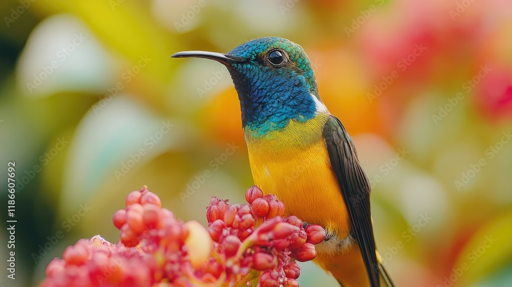 Naklejka premium Vibrant Hummingbird on Blossoms: A Jewel of the Tropics