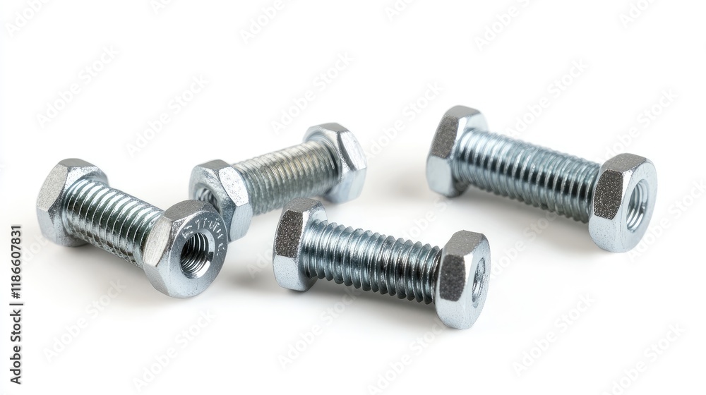 Assorted metallic bolts and screws arranged on a clean white background for industrial and DIY applications. Assorted metallic bolts and screws arranged on a clean white background for industrial and DIY applications.